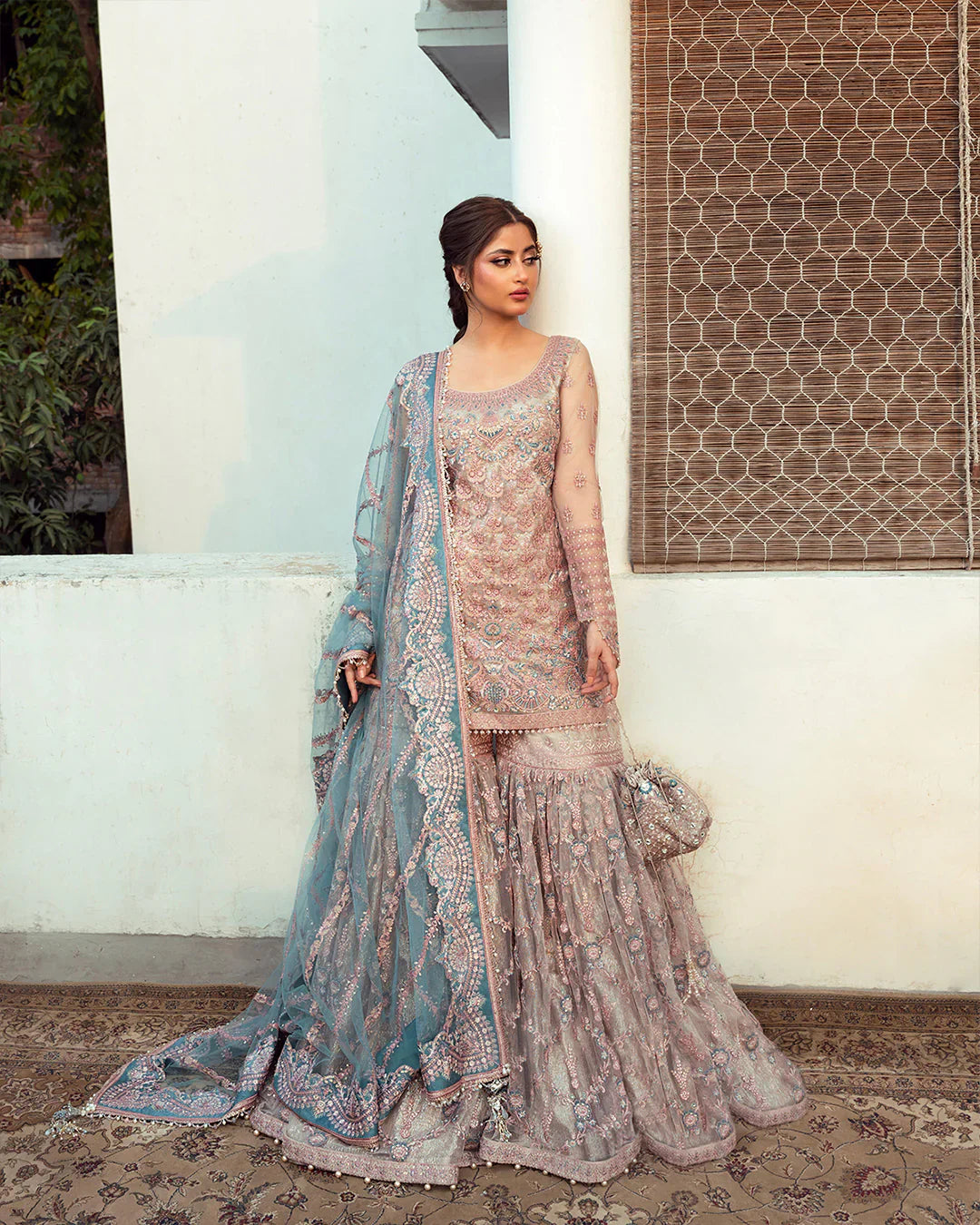 Aytan | Luxury Tea Pink Net Gharara Suit  Heirloom Embroidered Dress | Resham, Tilla & Sequins Work
