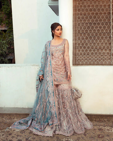 Aytan | Luxury Tea Pink Net Gharara Suit  Heirloom Embroidered Dress | Resham, Tilla & Sequins Work