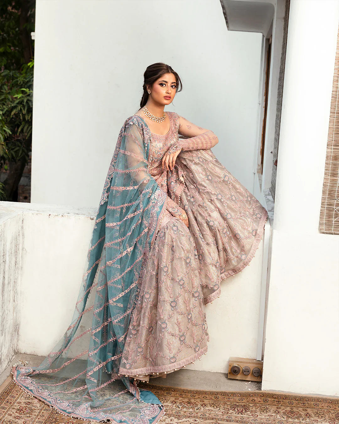 Aytan | Luxury Tea Pink Net Gharara Suit  Heirloom Embroidered Dress | Resham, Tilla & Sequins Work